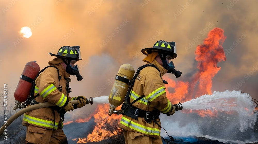 Naklejka premium Firefighters Battling Intense Forest Fire Amid Climate Change, Team of Firefighters Fighting Devastating Wildfire, Forest Fire Emergency Response Team in Action