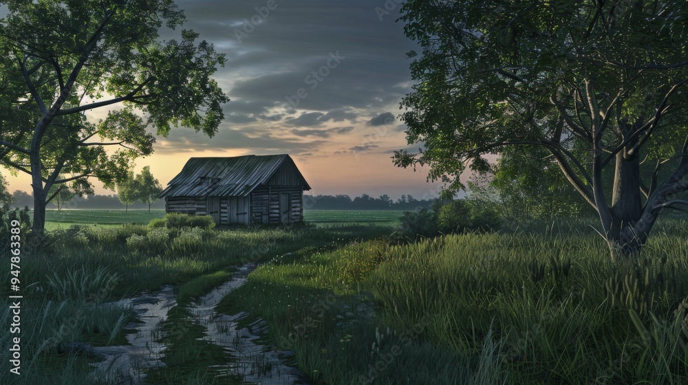 Fototapeta premium Twilight Serenity Tranquil Rural Landscape with Vibrant Greenery and Calm Skies