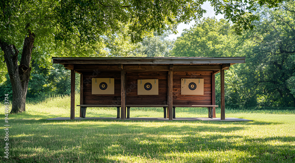 Simple Modern Wooden Shooting Range with Four Target Stands, Showcasing a Clean and Organized Design, Ideal for Representing Themes of Recreation, Precision, and Safety in a Controlled and Minimalist Simple Modern Wooden Shooting Range with Four Target Stands, Showcasing a Clean and Organized Design, Ideal for Representing Themes of Recreation, Precision, and Safety in a Controlled and Minimalist