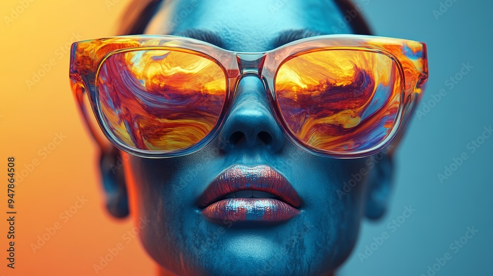 Blue skinned model wearing psychedelic sunglasses reflecting a colorful sunset
