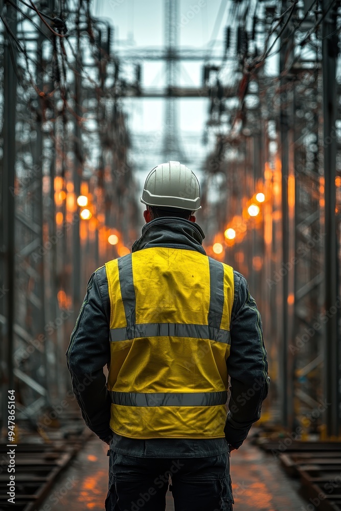 Industrial Worker in High-Visibility Vest and Hard Hat at Electrical Substation During Dusk