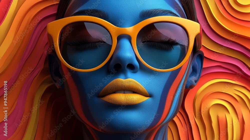 Fashion model posing with eyes closed and yellow sunglasses Fashion model posing with eyes closed and yellow sunglasses