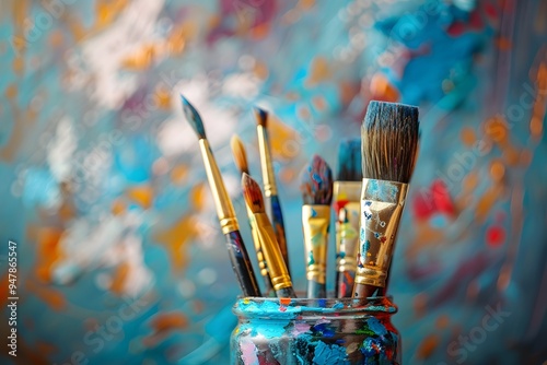 Vibrant Art Supplies: A Collection of Paintbrushes in a Colorful Jar