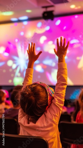 Little girl raising hands enjoying light show