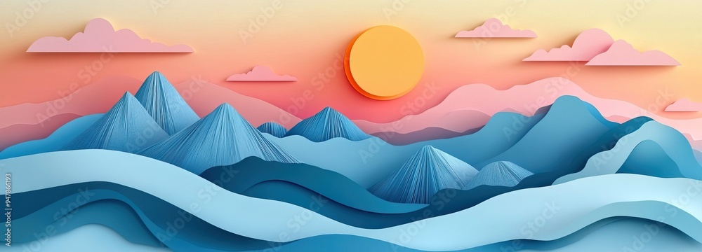 Minimalist illustration of mountain range with orange sun setting over blue waves showcasing nature landscape and geometric design concept Minimalist illustration of mountain range with orange sun setting over blue waves showcasing nature landscape and geometric design concept