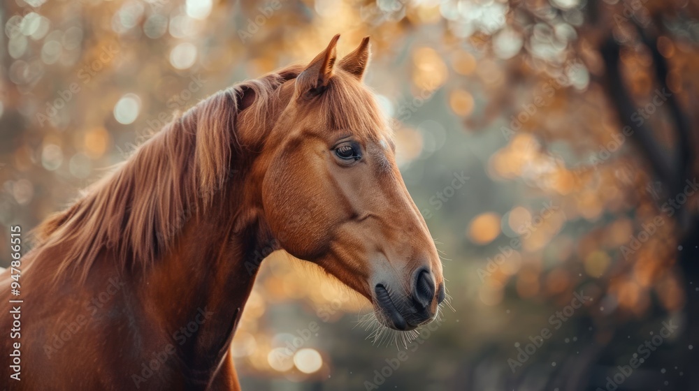 Fototapeta premium Closeup brown horse stands in a meadow farm