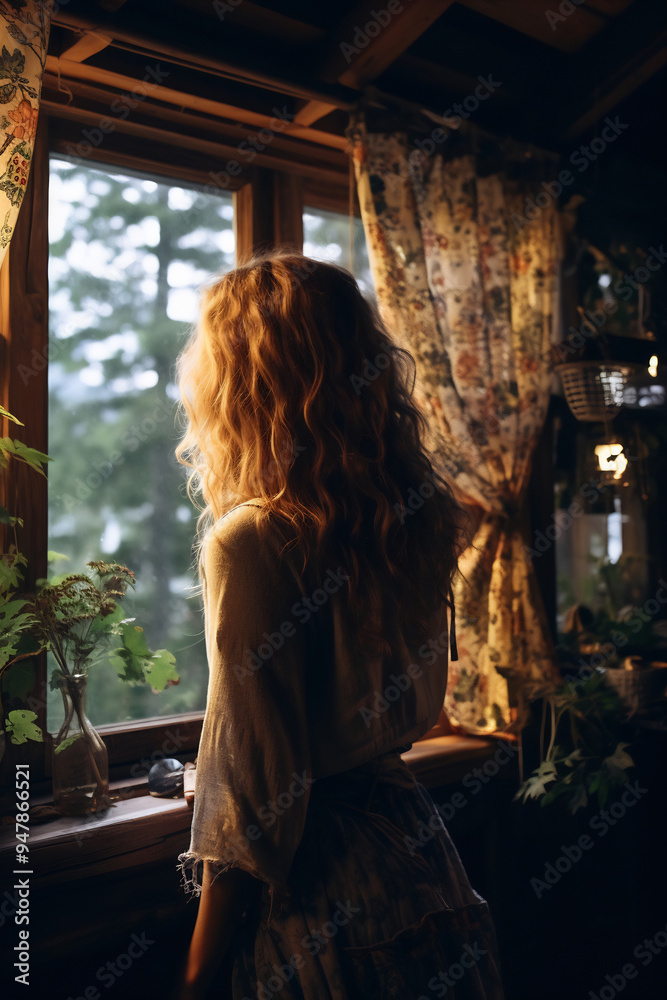 Obraz premium Woman standing in front of window looking out