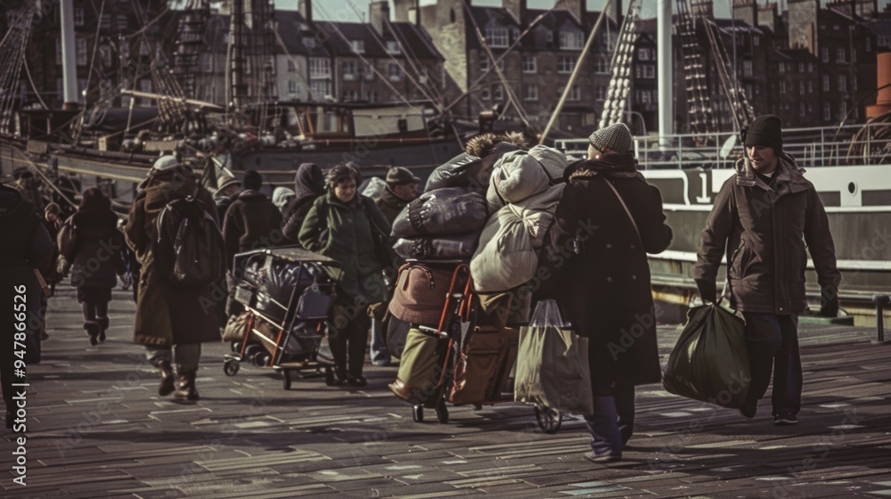People with large bags walk along a dock, shrouded in winter attire, beside historic ships in a cold, overcast setting. People with large bags walk along a dock, shrouded in winter attire, beside historic ships in a cold, overcast setting.