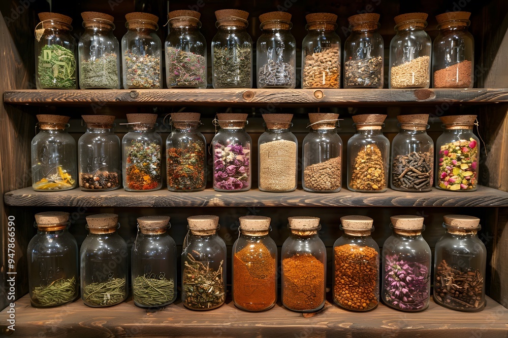 A Colorful Display of Herbs and Spices in Glass Jars