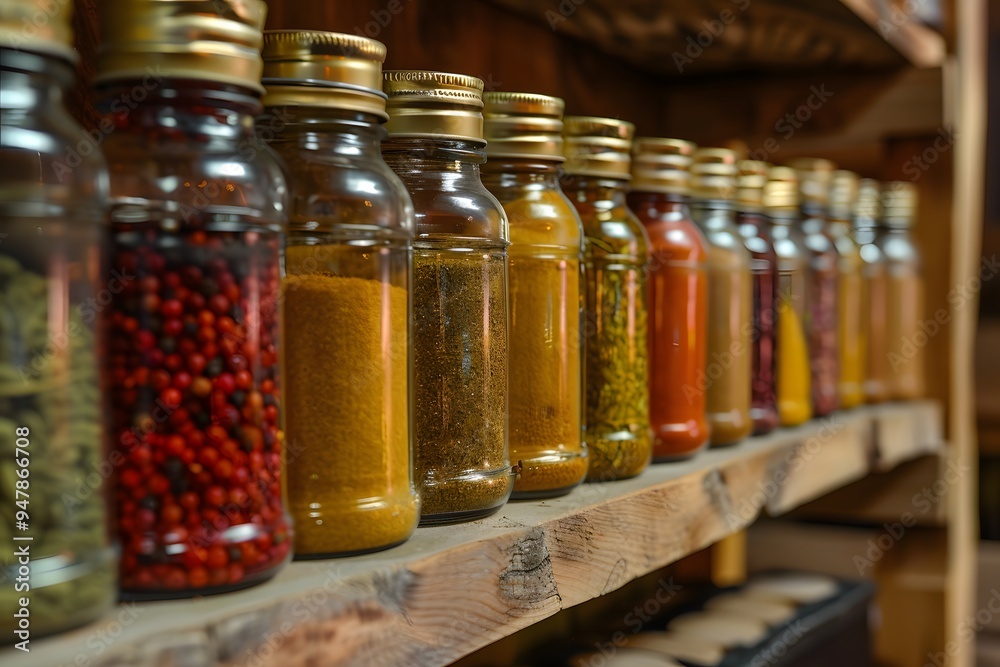 A Colorful Array of Spices in Glass Jars on a Wooden Shelf