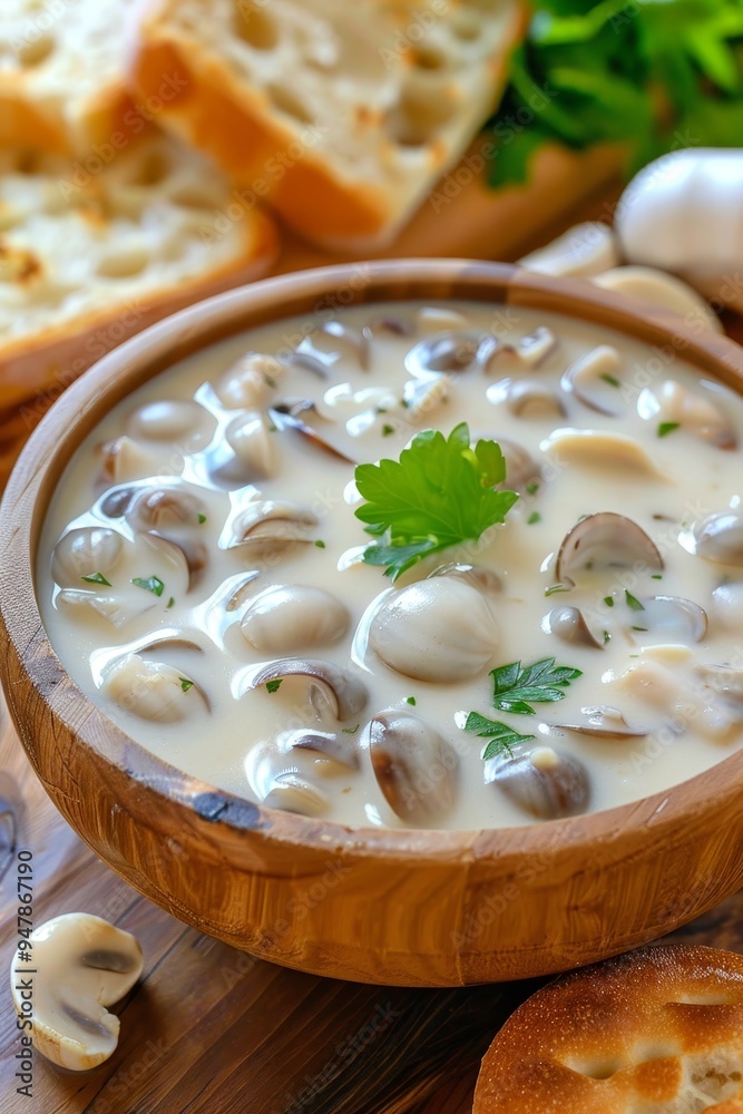 Creamy Mushroom Soup With Bread, Close Up, Comfort Food, Rustic Background, Homemade Cuisine Creamy Mushroom Soup With Bread, Close Up, Comfort Food, Rustic Background, Homemade Cuisine