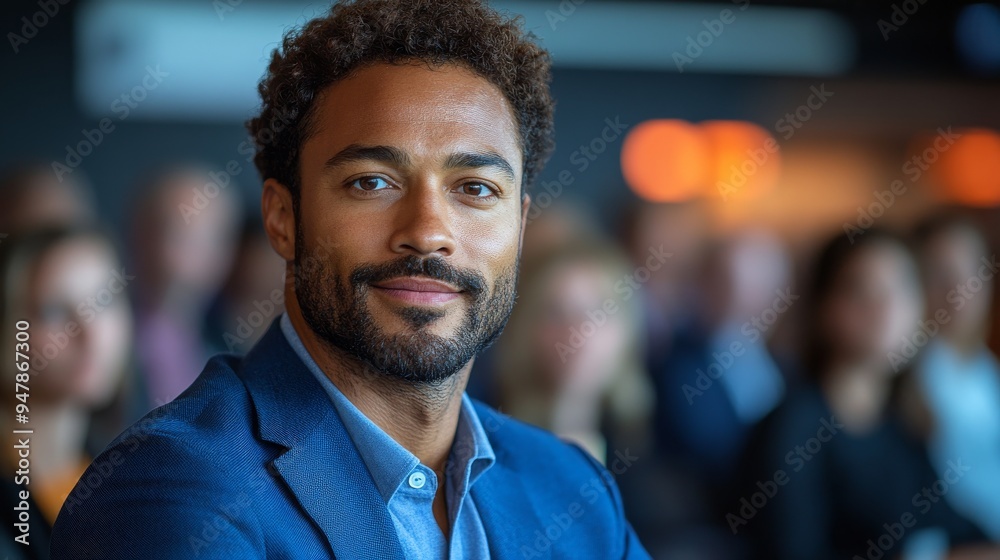 Confident businessman smiling during conference meeting Confident businessman smiling during conference meeting