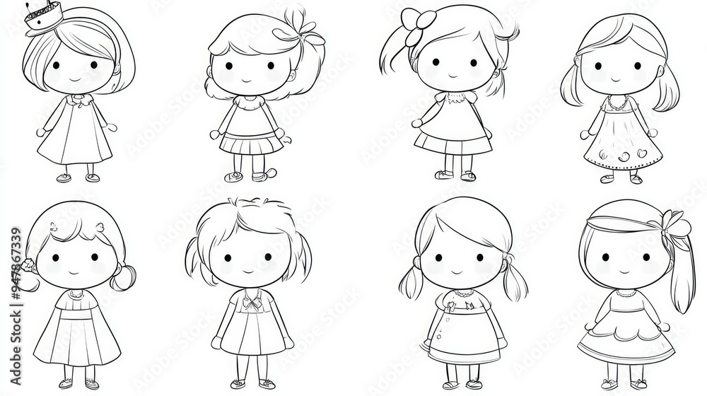 Collection of 9 black line drawings of a cartoon little girl, perfect for children's coloring books. Cute and engaging illustrations. Collection of 9 black line drawings of a cartoon little girl, perfect for children's coloring books. Cute and engaging illustrations.