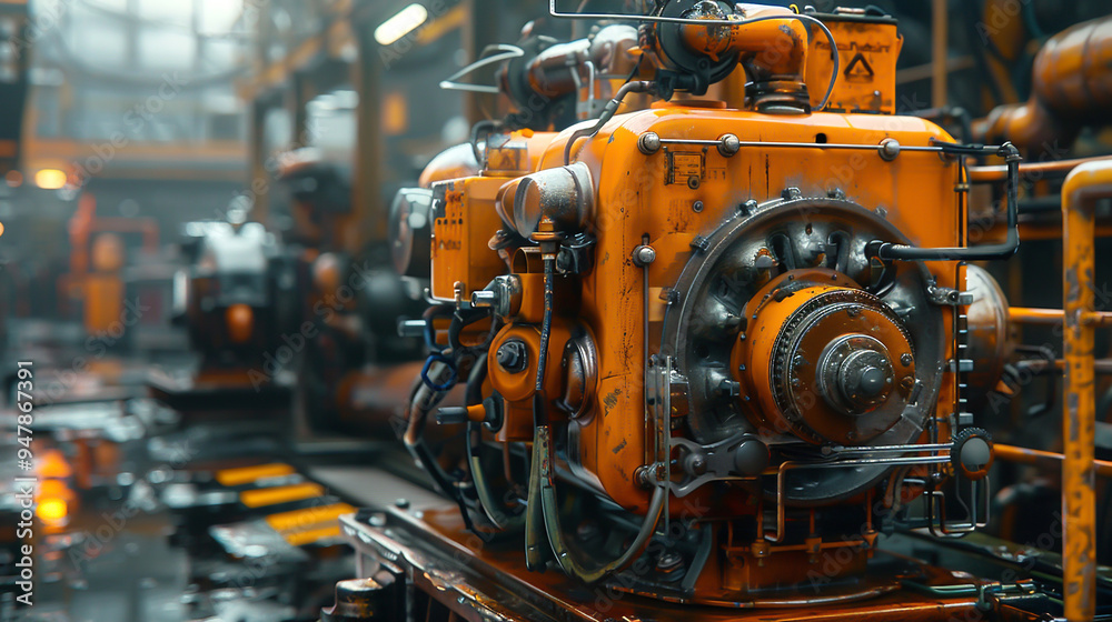Fototapeta premium 3D engines and machinery with vibrant colors in a beautifully composed industrial setting, front view, showcasing mechanical elegance, advanced tone, Complementary Color Scheme