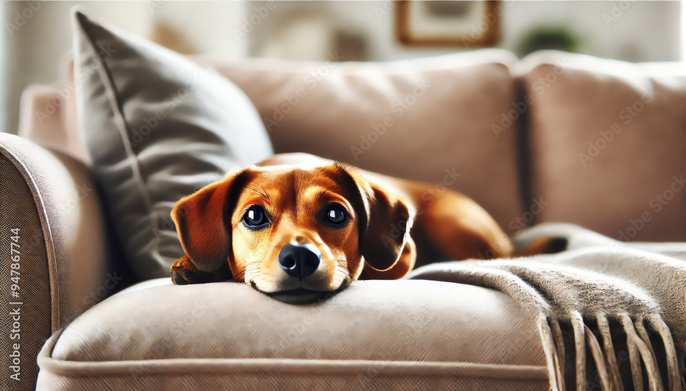A relaxed Dachshund dog lying on a plush, light-colored sofa A relaxed Dachshund dog lying on a plush, light-colored sofa