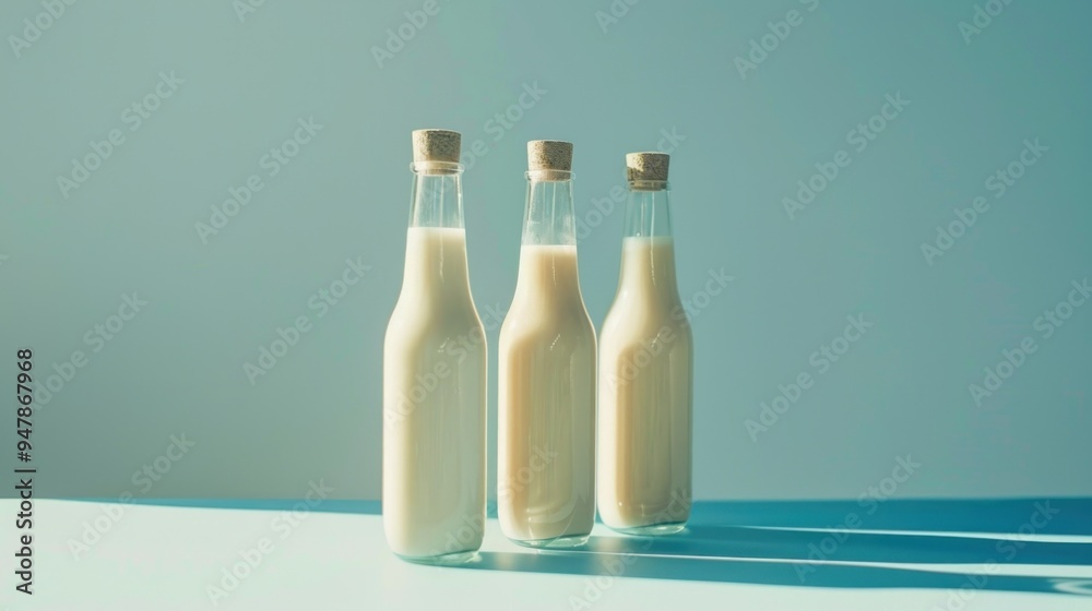 Three Bottles of Milk on a Blue Background Three Bottles of Milk on a Blue Background
