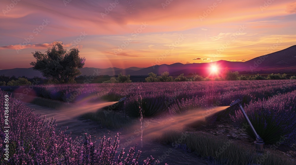 Obraz premium Purple Sunset Vibrant Lavender Field Awash in Golden Light