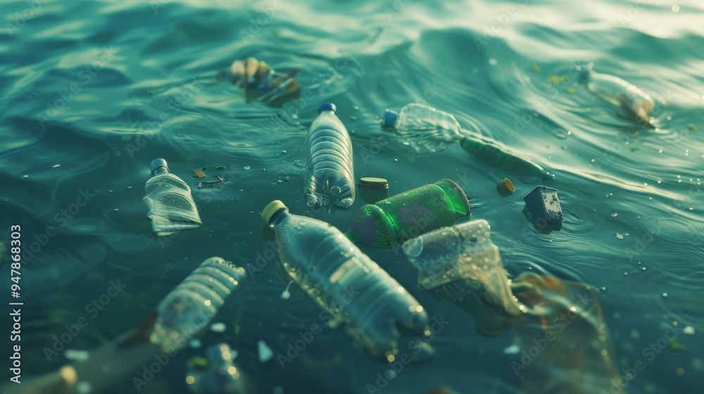 Empty plastic bottles float on the surface of the sea, highlighting the pressing issue of marine pollution. Empty plastic bottles float on the surface of the sea, highlighting the pressing issue of marine pollution.