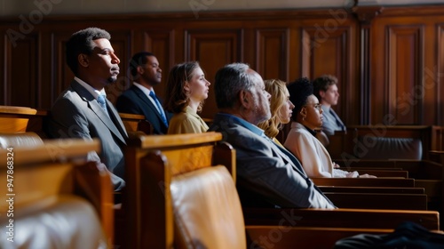 A diverse group of people attentively listening in a wood-paneled courtroom, highlighting the gravity and decorum of judicial proceedings.