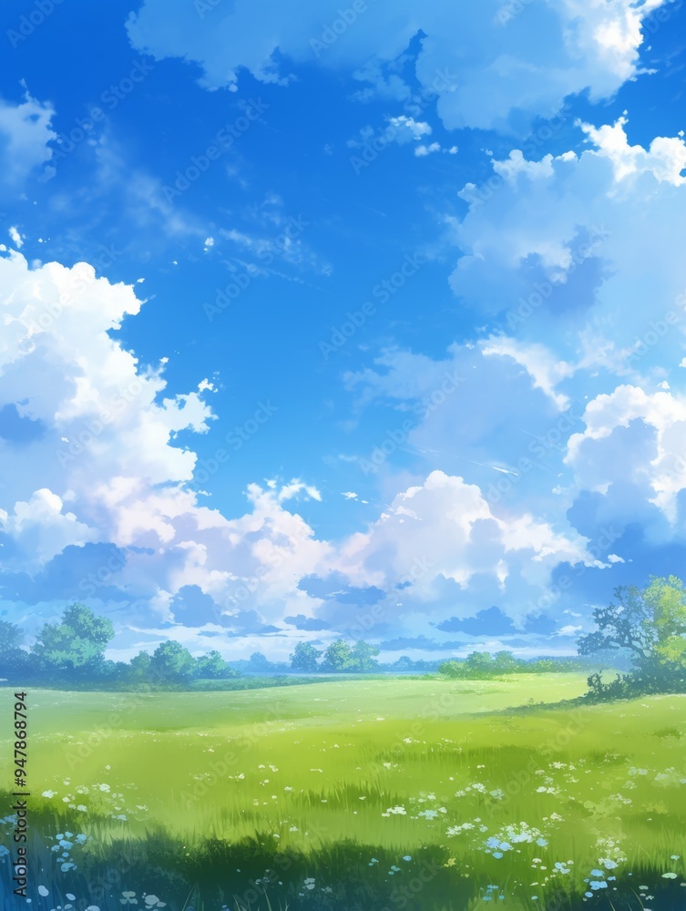 Obraz premium Dreamy Anime-Style Sky Landscape: Enchanting Blue Heavens with Fluffy Clouds and Radiant Sunbeams. Serene Atmosphere for Healing, Cultural Themes, and Graphic Design. Minimalist Composition with Copys
