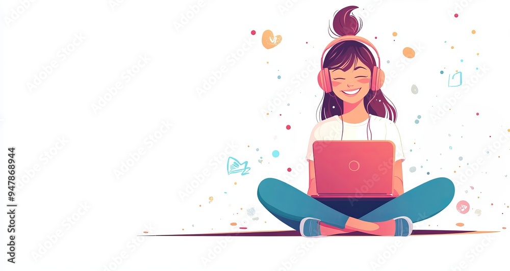 A smile woman sitting cross-legged with headphones on, using her laptop working remotely. The background is white and simple, Isolated illustration with copy space and for text A smile woman sitting cross-legged with headphones on, using her laptop working remotely. The background is white and simple, Isolated illustration with copy space and for text