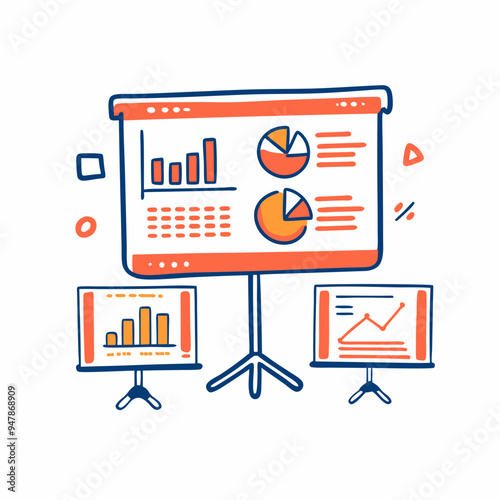 Slide deck presentation concept with charts and graphs on screens in a colorful style