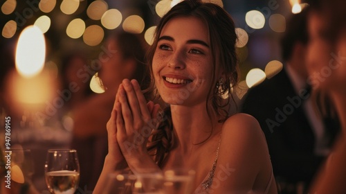 A woman is smiling at the camera while sitting at a table with other people