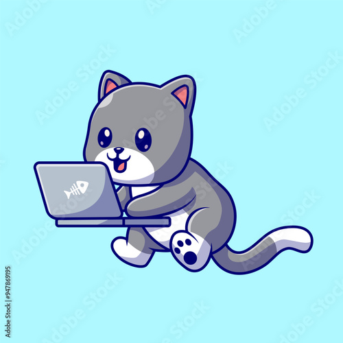 Cute Cat Working On Laptop Cartoon Vector Icon Illustration.
Animal Technology Icon Concept Isolated Premium Vector.
Flat Cartoon Style