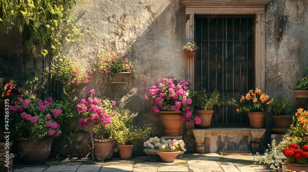Naklejka premium The colorful picture of blooming flowers in the yard of an ancient house looks beautiful and radiant