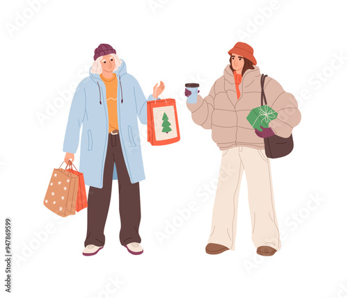 Happy friends shopping Christmas gifts together. Young women prepare for Xmas. Persons hold bags with New Years presents. Preparation for winter holidays. Flat isolated vector illustration on white