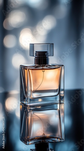 A Glass Bottle of Perfume with a Golden Liquid and a Silver Cap on a Reflective Surface