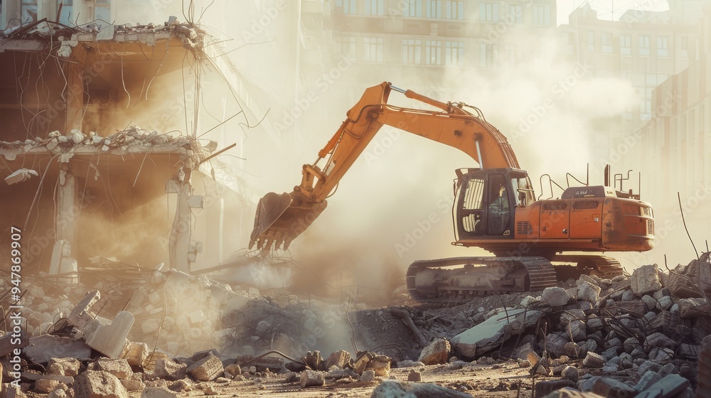 An excavator in action, tearing down a building amid clouds of dust, capturing the raw power and chaos of urban demolition. An excavator in action, tearing down a building amid clouds of dust, capturing the raw power and chaos of urban demolition.