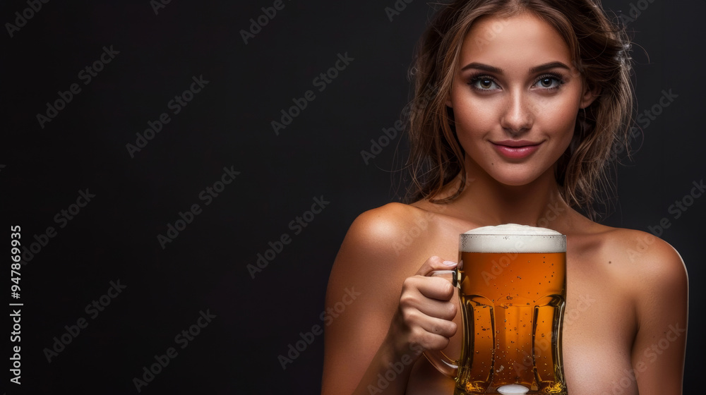 A young waitress in a dirndl smiles while presenting a large beer mug against a black backdrop A young waitress in a dirndl smiles while presenting a large beer mug against a black backdrop