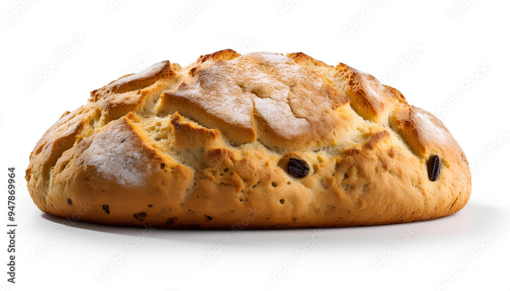 Freshly baked loaf of bread with a golden crust and raisins displayed on a white surface, perfect for breakfast or baking enthusiasts Freshly baked loaf of bread with a golden crust and raisins displayed on a white surface, perfect for breakfast or baking enthusiasts