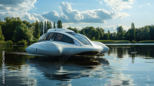 Futuristic boat on tranquil lake.