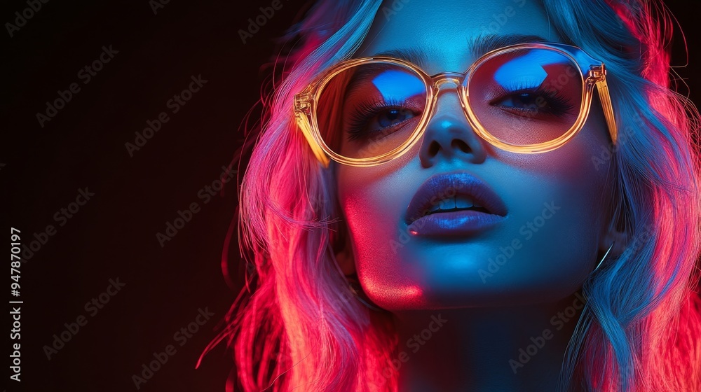 Fashion model posing with neon lighting and sunglasses Fashion model posing with neon lighting and sunglasses