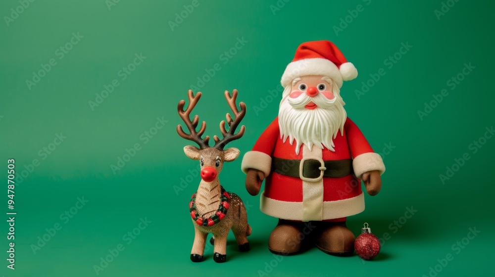 Obraz premium Santa Claus and a reindeer figurine are posed against a festive green background, evoking holiday cheer and the magic of Christmas.