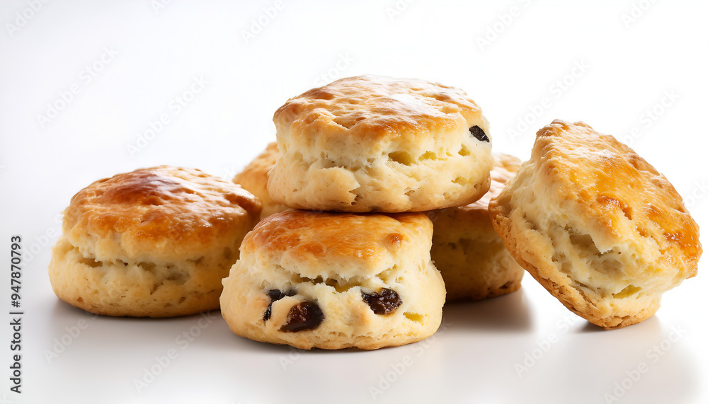 Freshly baked scones with raisins stacked on a white surface, showcasing golden-brown tops and fluffy interiors in a cozy kitchen setting Freshly baked scones with raisins stacked on a white surface, showcasing golden-brown tops and fluffy interiors in a cozy kitchen setting