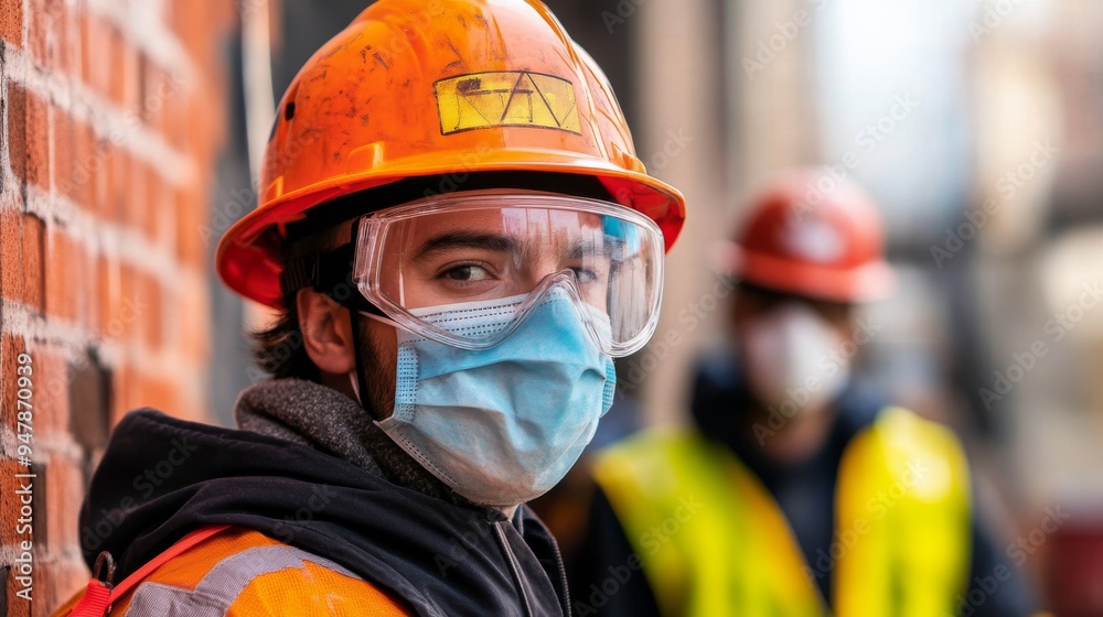 Construction worker wearing face mask and goggles on building site
