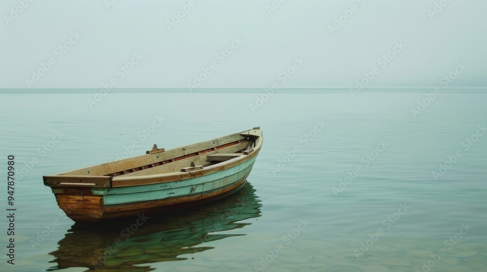 An abandoned wooden rowboat floats gently on a calm, blue lake, evoking a profound sense of solitude and peace in the stillness of nature. An abandoned wooden rowboat floats gently on a calm, blue lake, evoking a profound sense of solitude and peace in the stillness of nature.