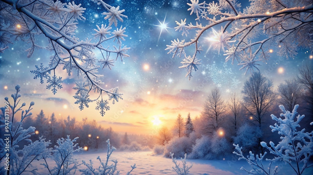 Naklejka premium A breathtaking winter scene showcasing snow-laden branches and a sunrise illuminating the landscape with a soft, warm light creating a magical atmosphere of tranquility and beauty