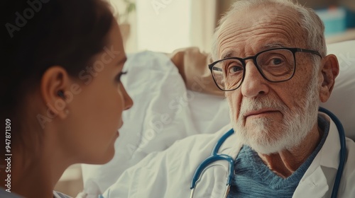 Senior doctor listening to young nurse in hospital room