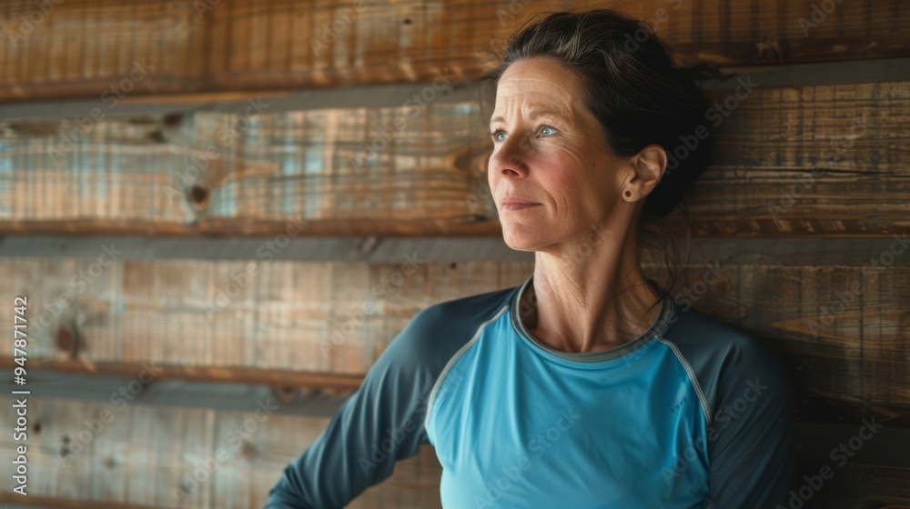 A serene woman leans against a rustic wooden wall, appearing reflective and at peace, perhaps contemplating her next adventure. A serene woman leans against a rustic wooden wall, appearing reflective and at peace, perhaps contemplating her next adventure.