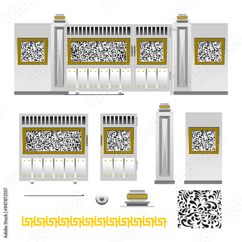 flat design set of Gate Concept.Showing set of wall, gate, door and ornamnet to decor on this design concept. Can be use for animation, drawing background and architectural use