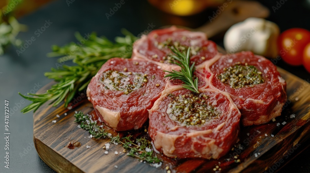 Beef Steak with Rosemary and Herbs on Wooden Cutting Board Beef Steak with Rosemary and Herbs on Wooden Cutting Board