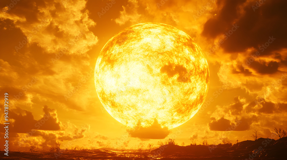 Dramatic Fiery Sunset Sky with Glowing Sun Over Scenic Landscape Dramatic Fiery Sunset Sky with Glowing Sun Over Scenic Landscape