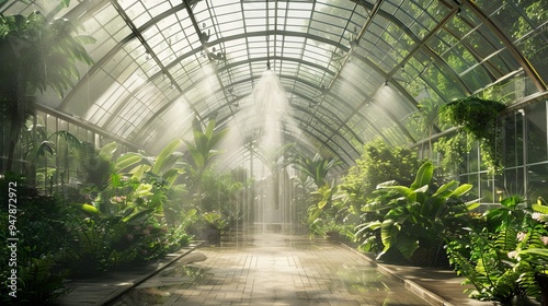 Enchanted Oasis Captivating Greenhouse Rainfall Scene with Lush Foliage and Translucent Ceiling