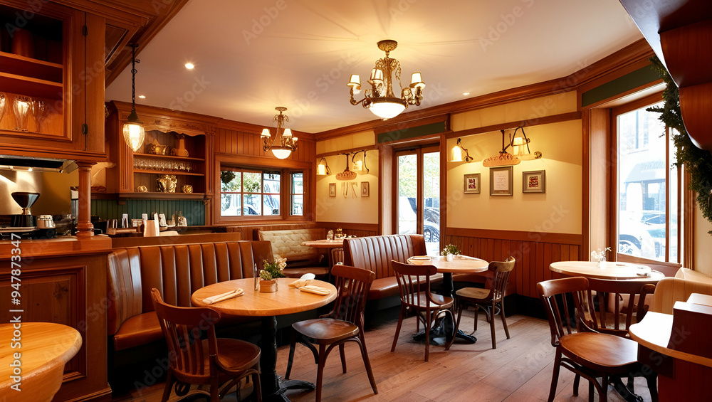Interior design of a charming cafe with a war ai generative Interior design of a charming cafe with a war ai generative