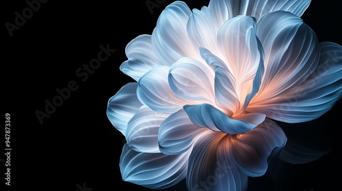 semi-transparent glowing white and blue flower water ripple petals dark background high-end scene