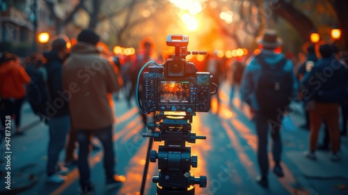 A camera positioned to capture a vibrant festival scene with many people attending, blending into the sunset glow, highlighting the essence of community and festivity.